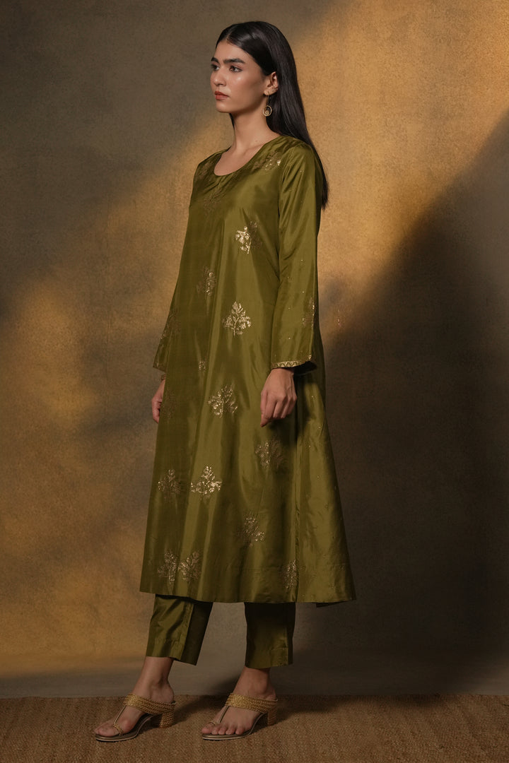 Olive Green Hand Embroidered Silk Kurta with Pants and Organza Dupatta