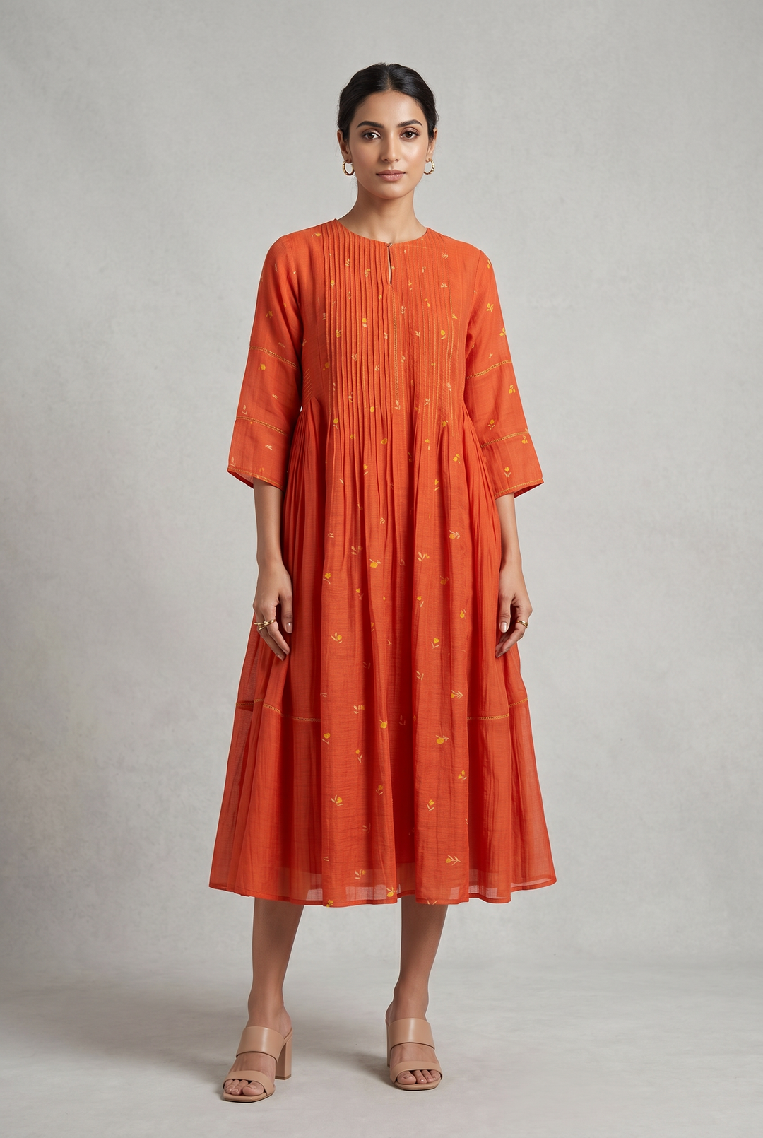 Orange Bloom Printed Chanderi Dress