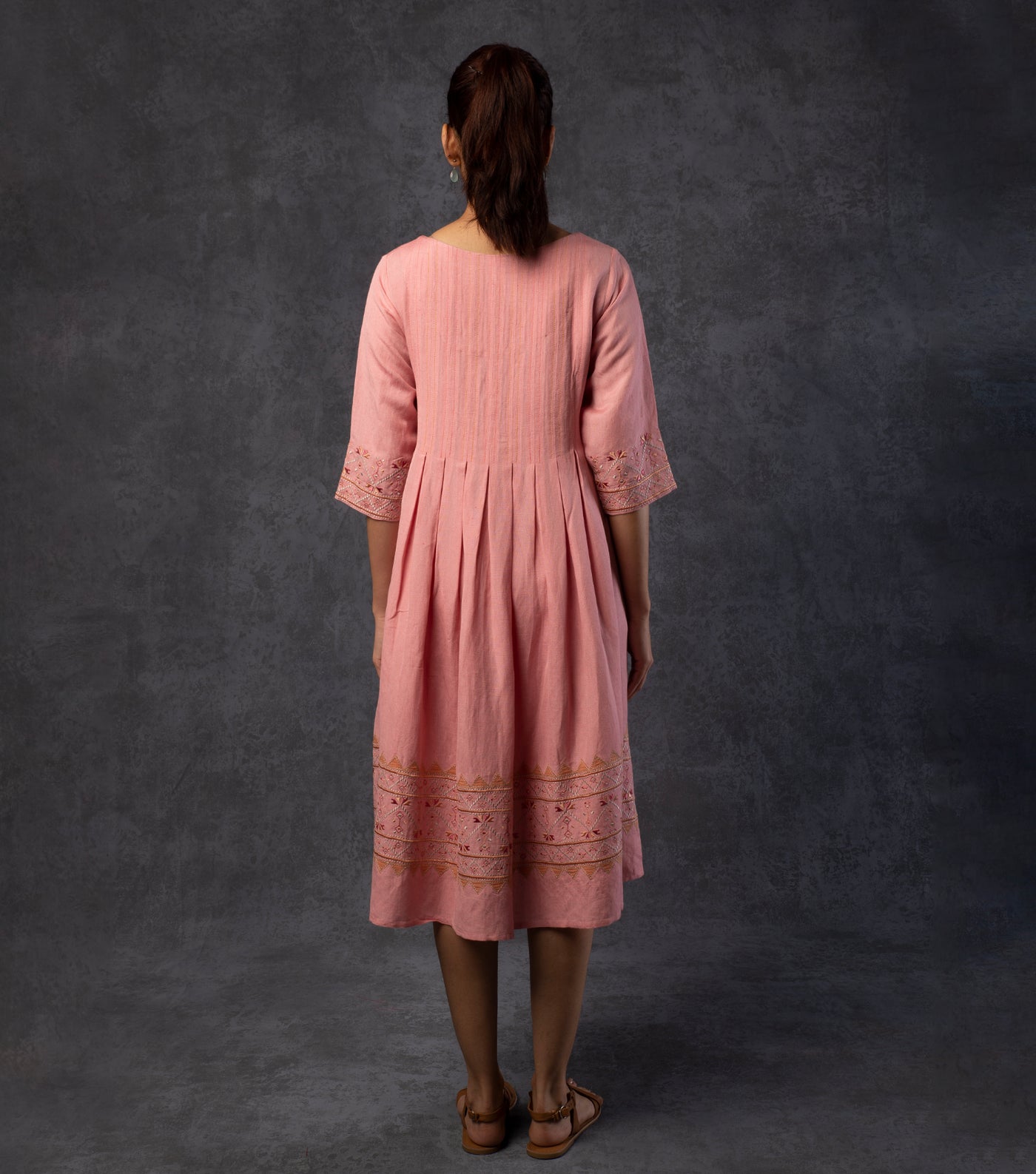 Pink Embroidered Viscose Linen Dress