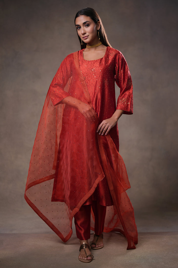 Rust Hand Embroidered Silk Kurta with Pants and Dupatta