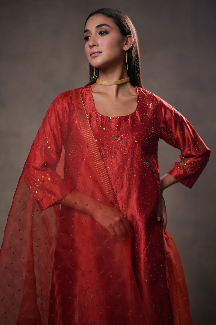 Rust Hand Embroidered Silk Kurta with Pants and Dupatta