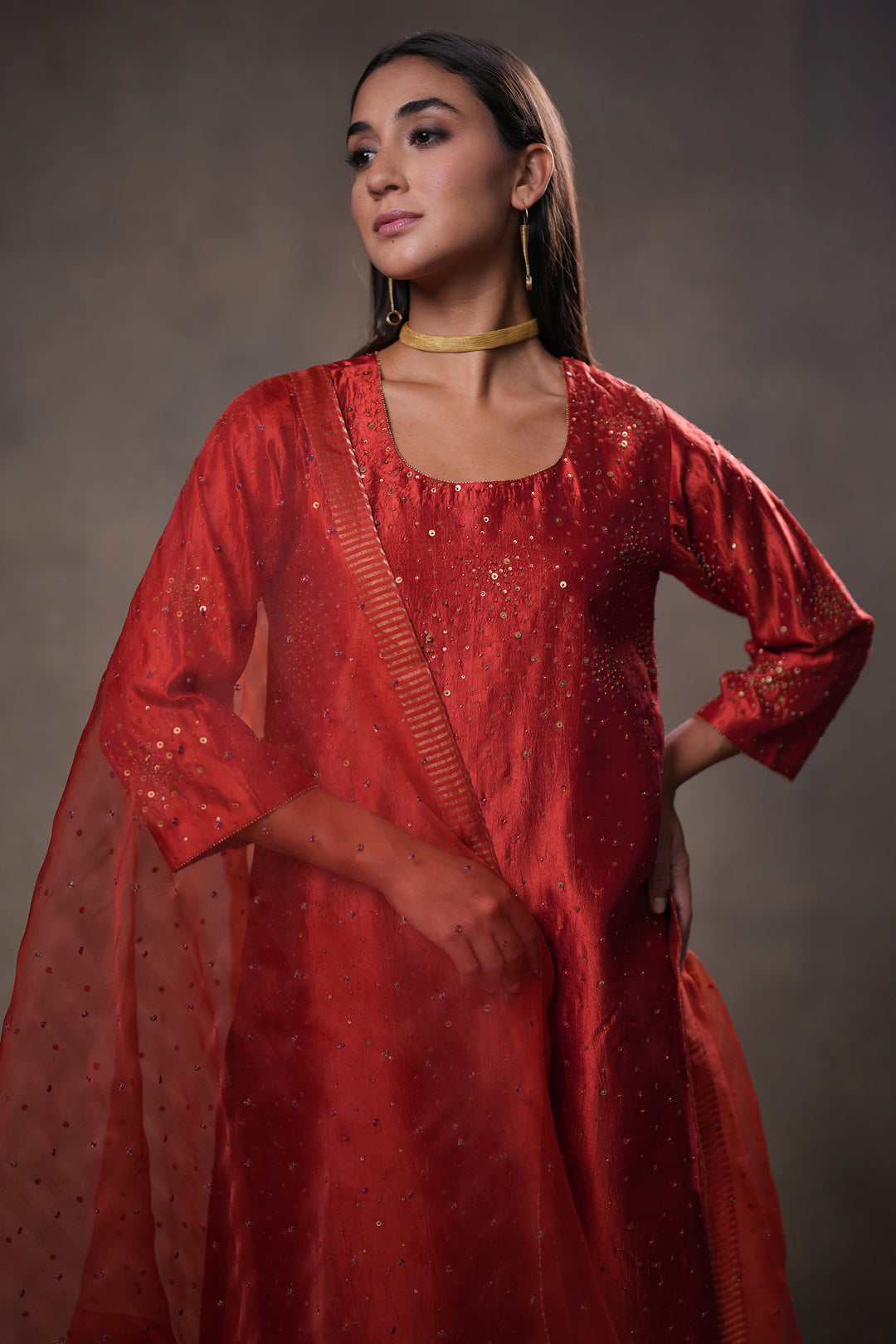 Red Embroidered Organza Dupatta