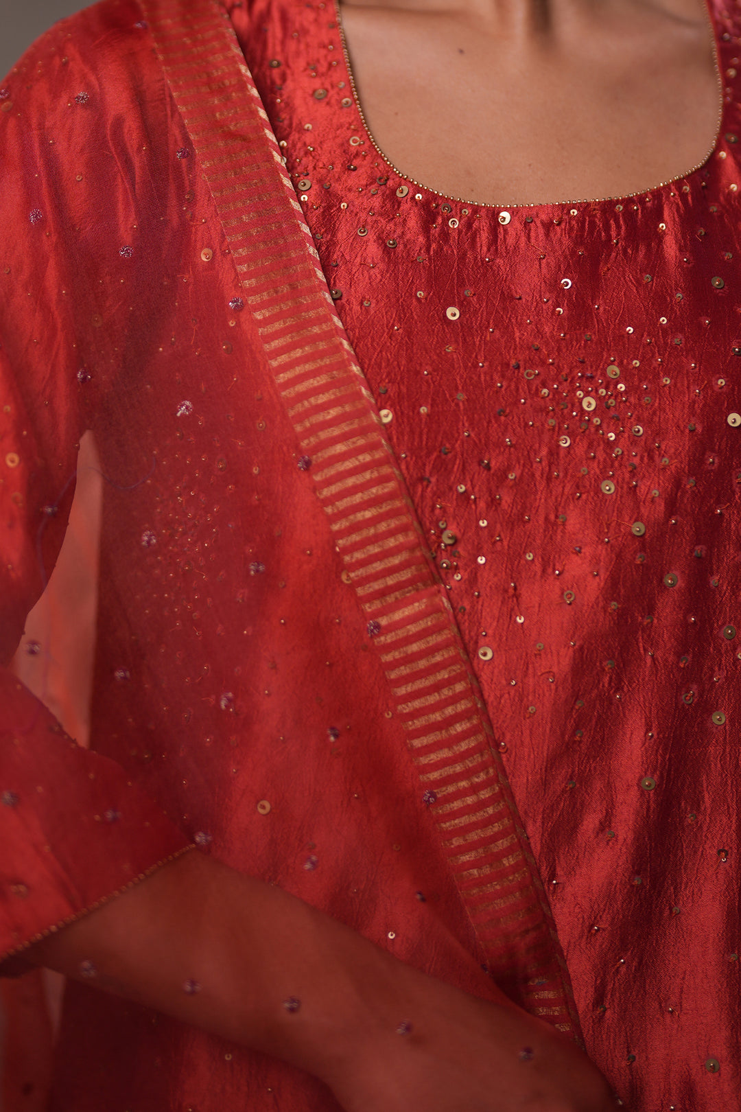 Rust Hand Embroidered Silk Kurta with Pants and Dupatta