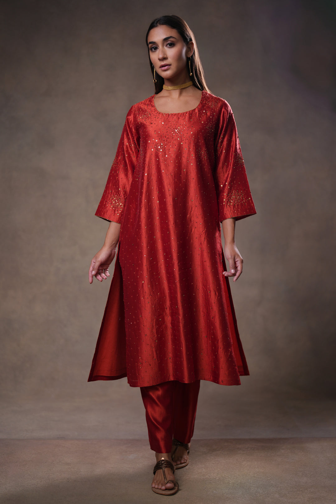 Rust Hand Embroidered Silk Kurta with Pants and Dupatta