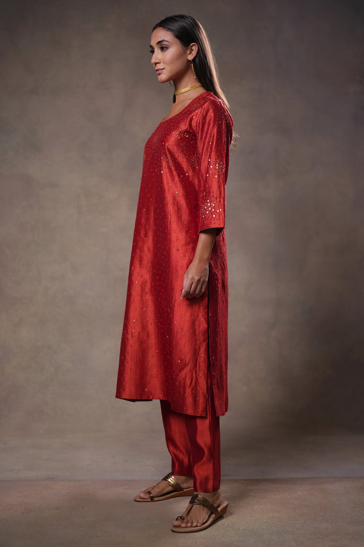 Rust Hand Embroidered Silk Kurta with Pants and Dupatta
