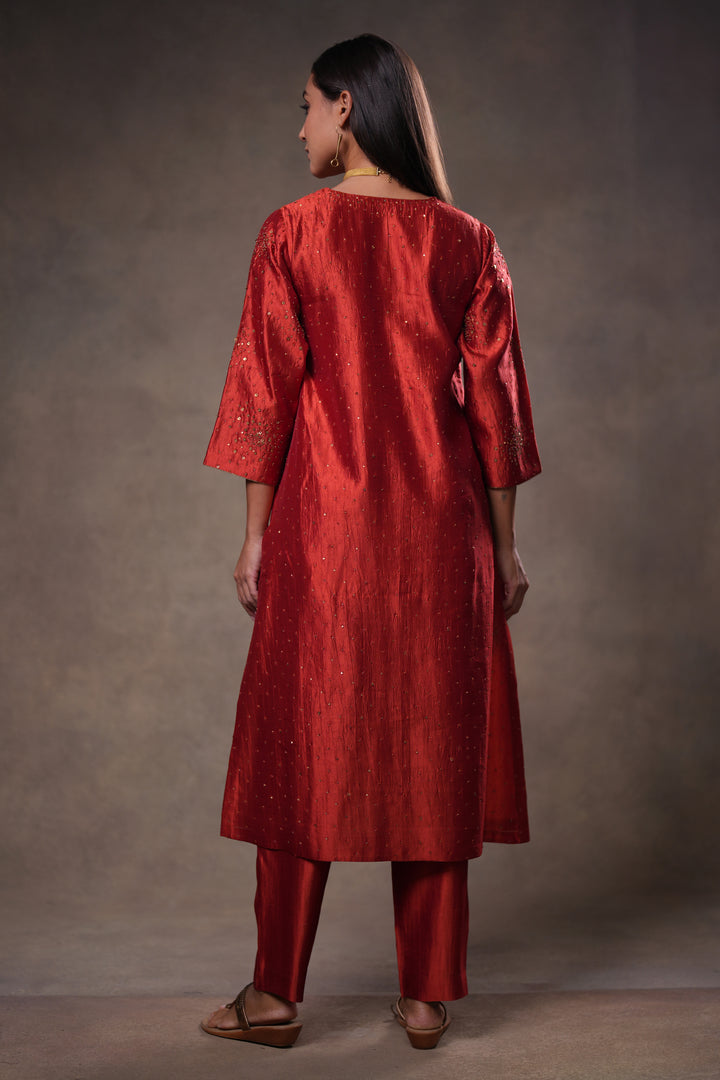 Rust Hand Embroidered Silk Kurta with Pants and Dupatta