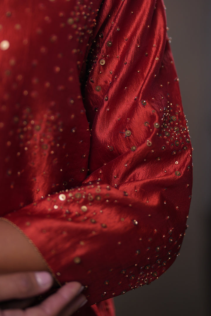 Rust Hand Embroidered Silk Kurta with Pants and Dupatta