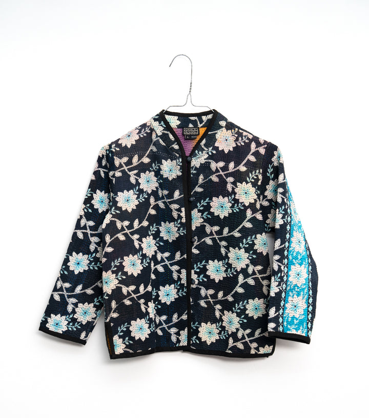 Black Vintage Cotton Kantha Jacket For Kids