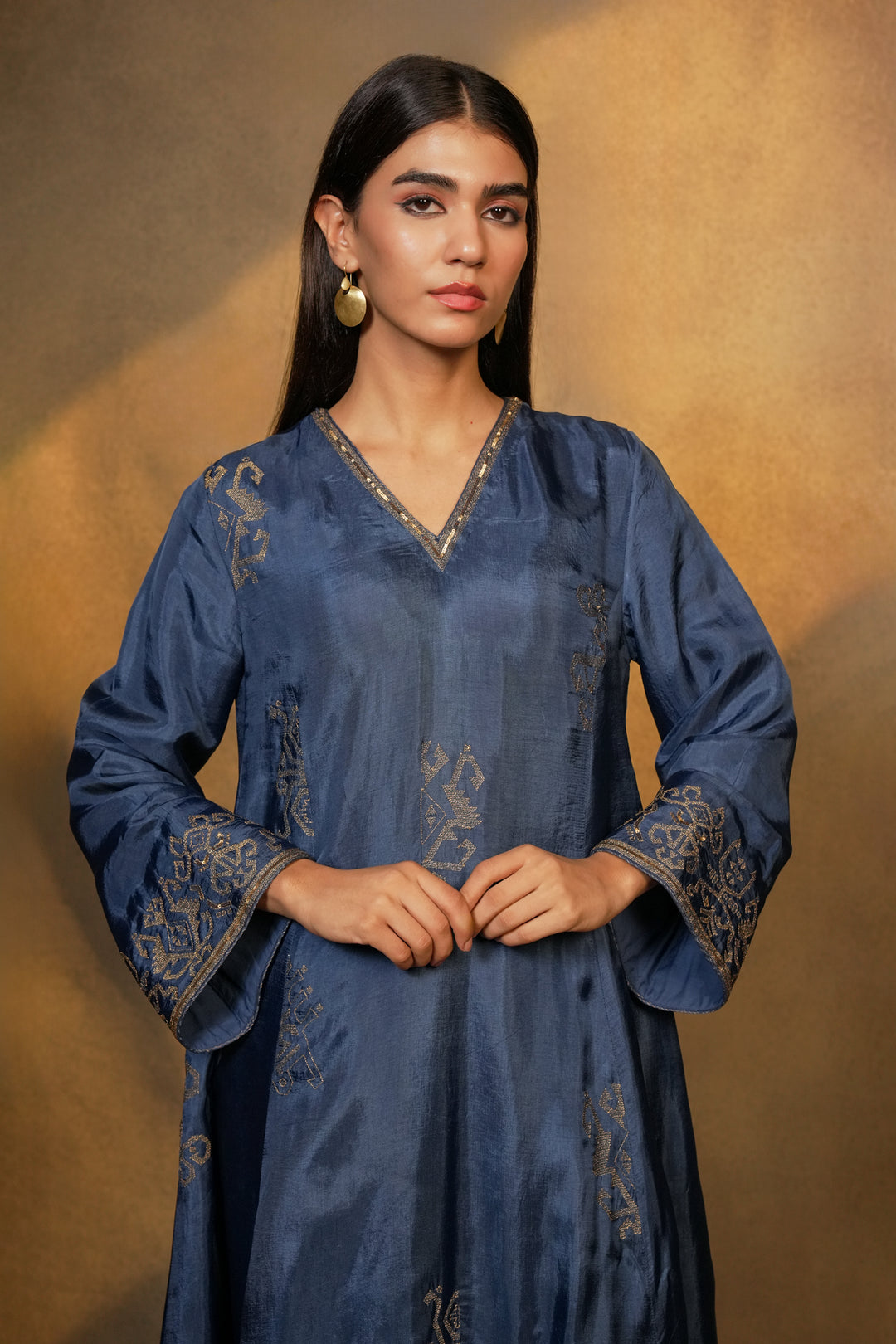 Blue Hand Embroidered Silk Kurta with Pants and Organza Dupatta