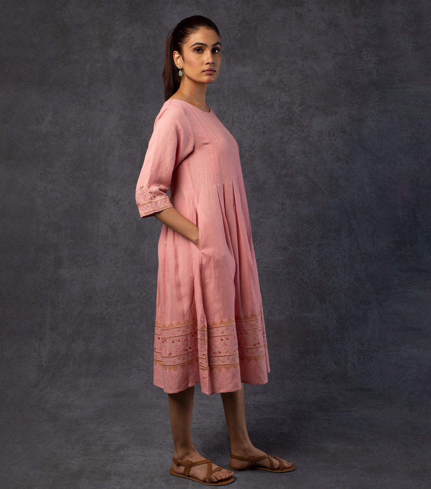 Pink Embroidered Viscose Linen Dress – Tulsi Online
