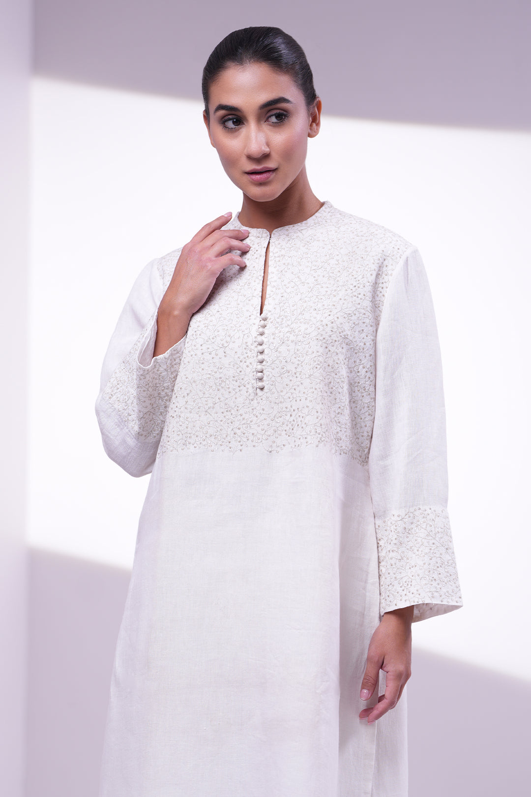 Ivory Embroidered Cotton Linen Kurta
