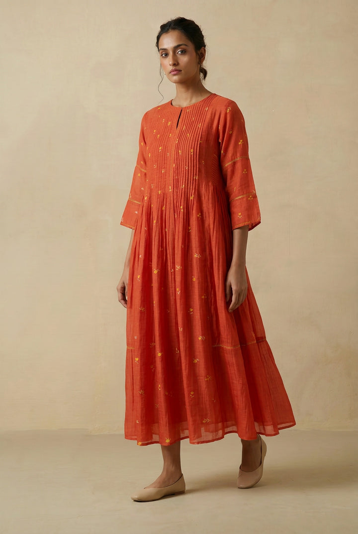 Orange Bloom Printed Chanderi Dress