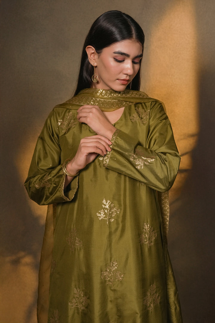 Olive Green Hand Embroidered Silk Kurta with Pants and Organza Dupatta