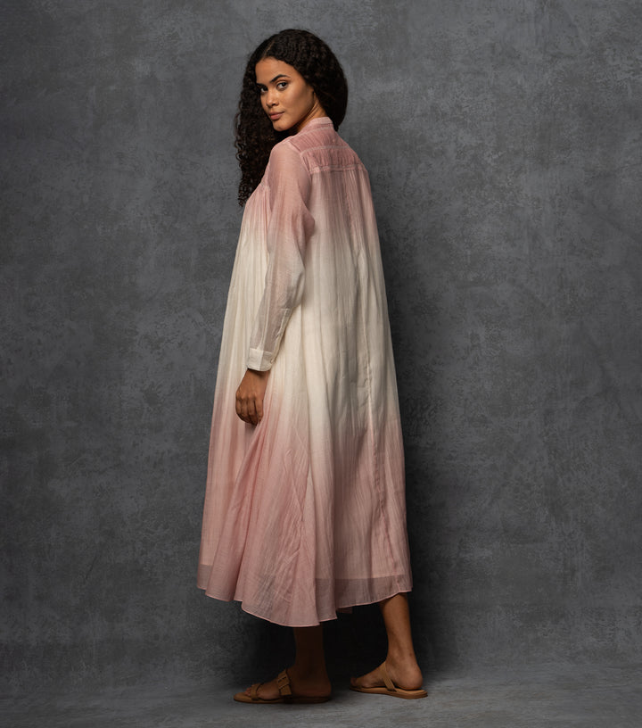 Pink & Ivory Ombre Thread Embroidered Cotton Silk Long Dress