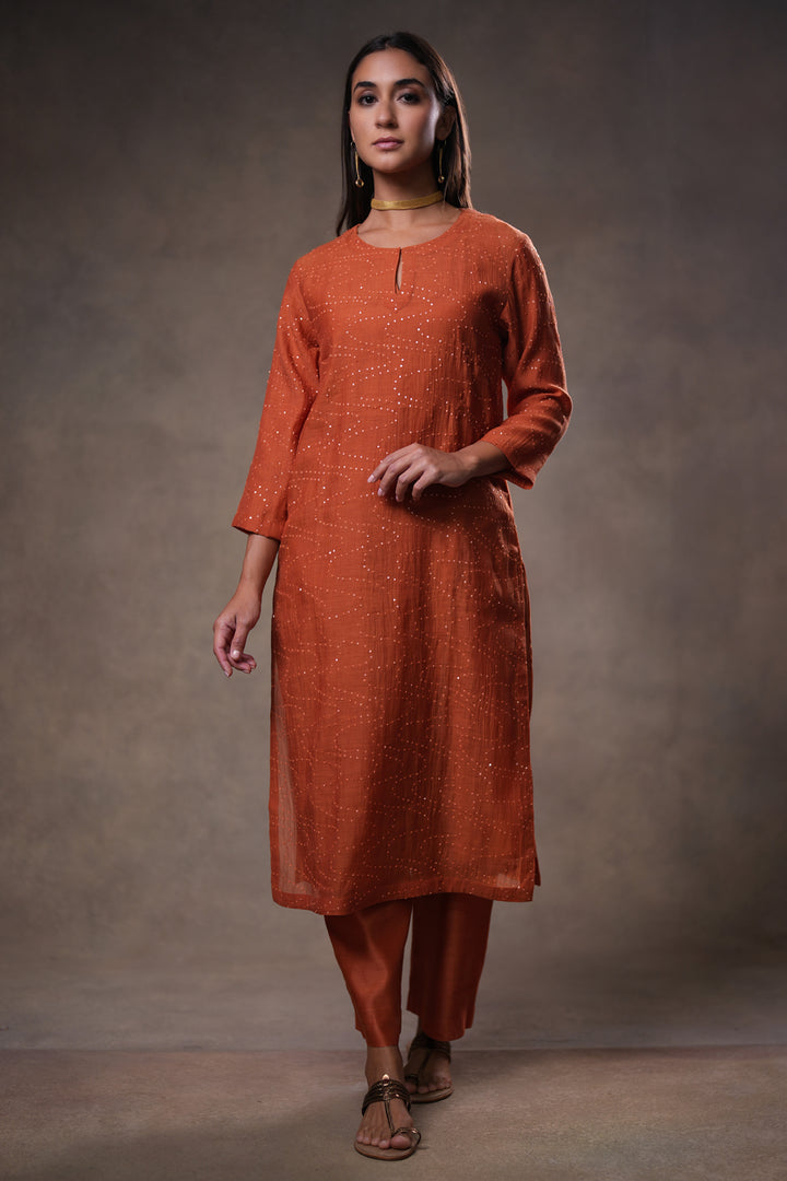 Rust Hand Embroidered Chanderi Kurta