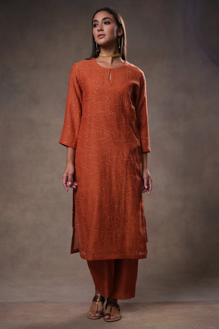Rust Hand Embroidered Chanderi Kurta