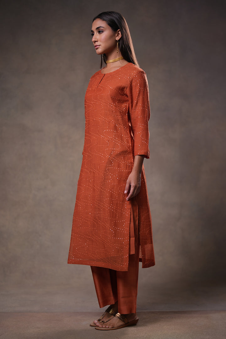 Rust Hand Embroidered Chanderi Kurta