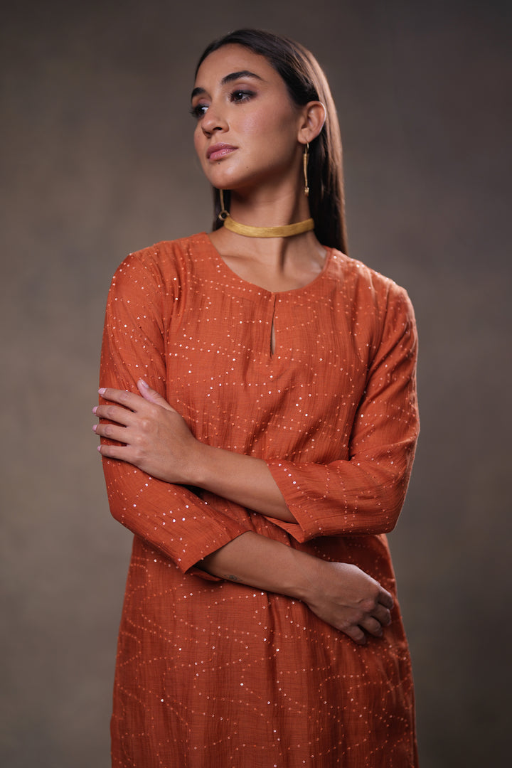 Rust Hand Embroidered Chanderi Kurta
