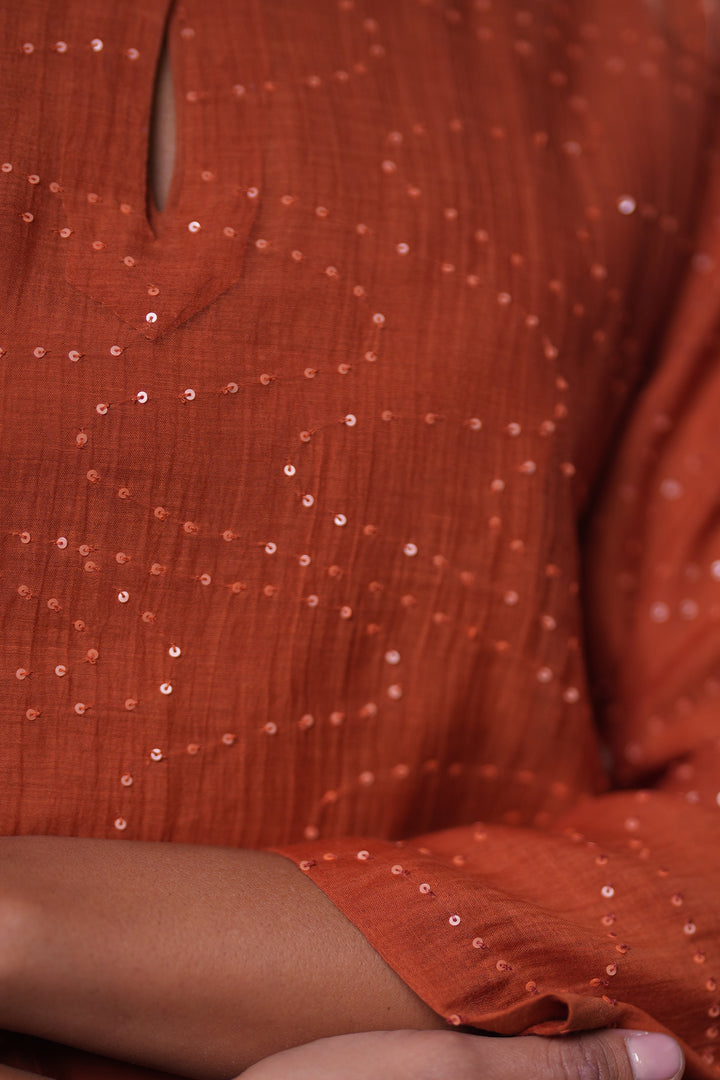 Rust Hand Embroidered Chanderi Kurta