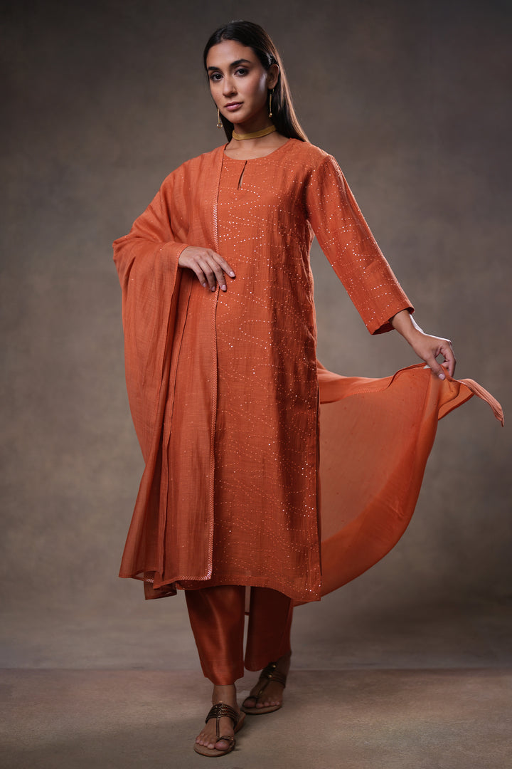 Rust Hand Embroidered Chanderi Kurta