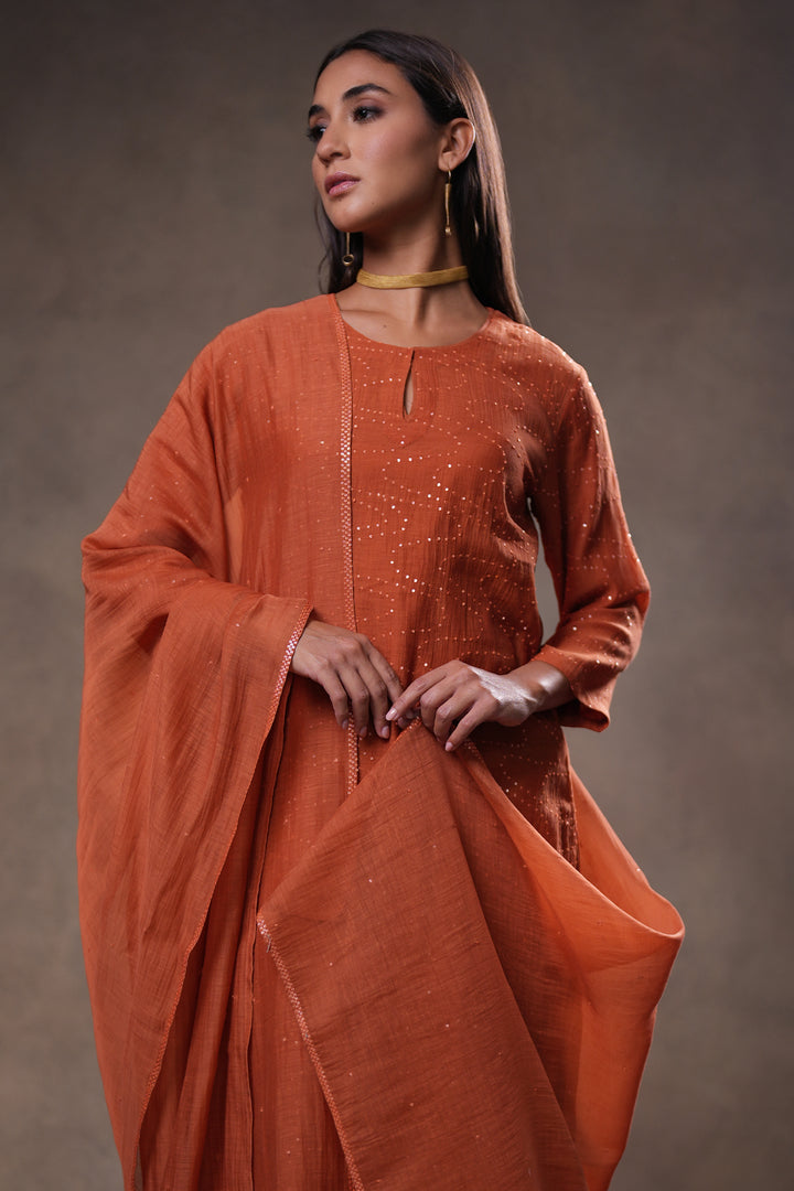 Rust Hand Embroidered Chanderi Kurta
