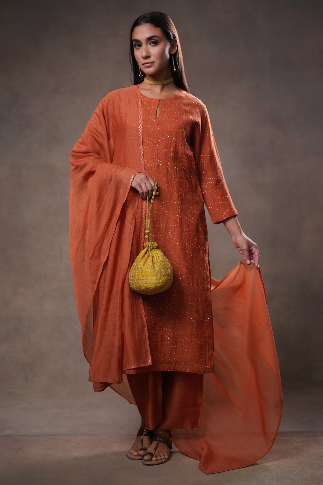 Rust Hand Embroidered Chanderi Kurta