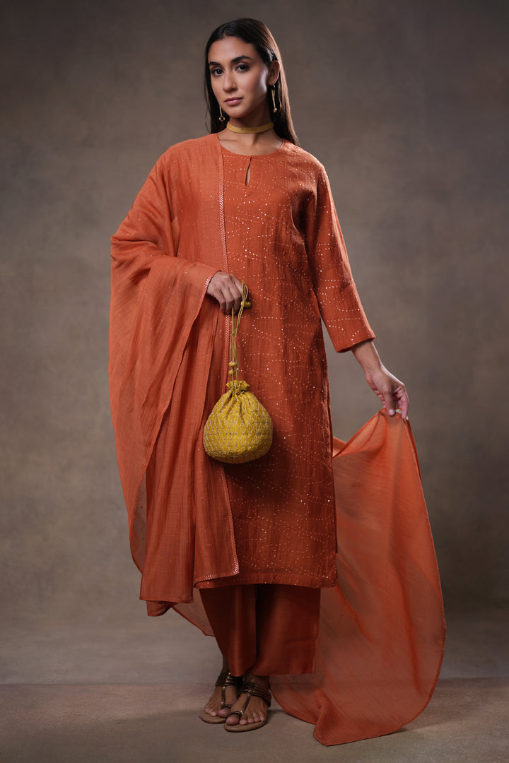 Rust Hand Embroidered Chanderi Kurta