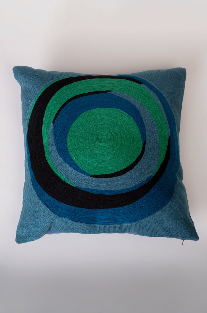Blue Green Embroidered Cotton Cushion Cover