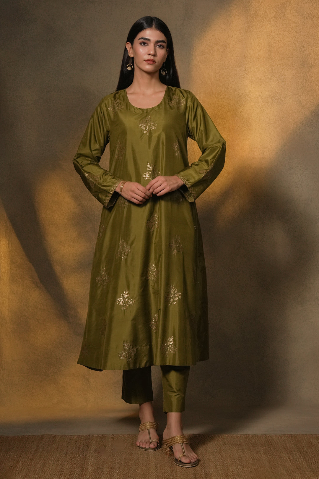 Olive Green Hand Embroidered Silk Kurta with Pants and Organza Dupatta