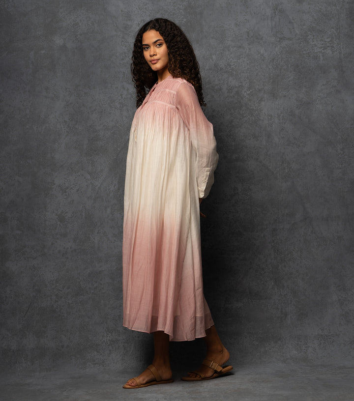 Pink & Ivory Ombre Thread Embroidered Cotton Silk Long Dress