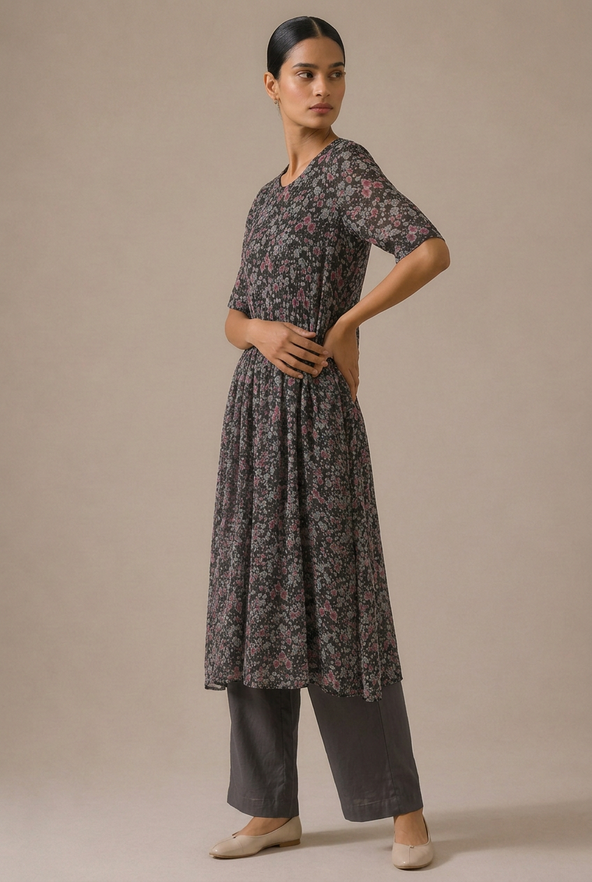 Charcoal Blossom Chiffon Printed Kurta
