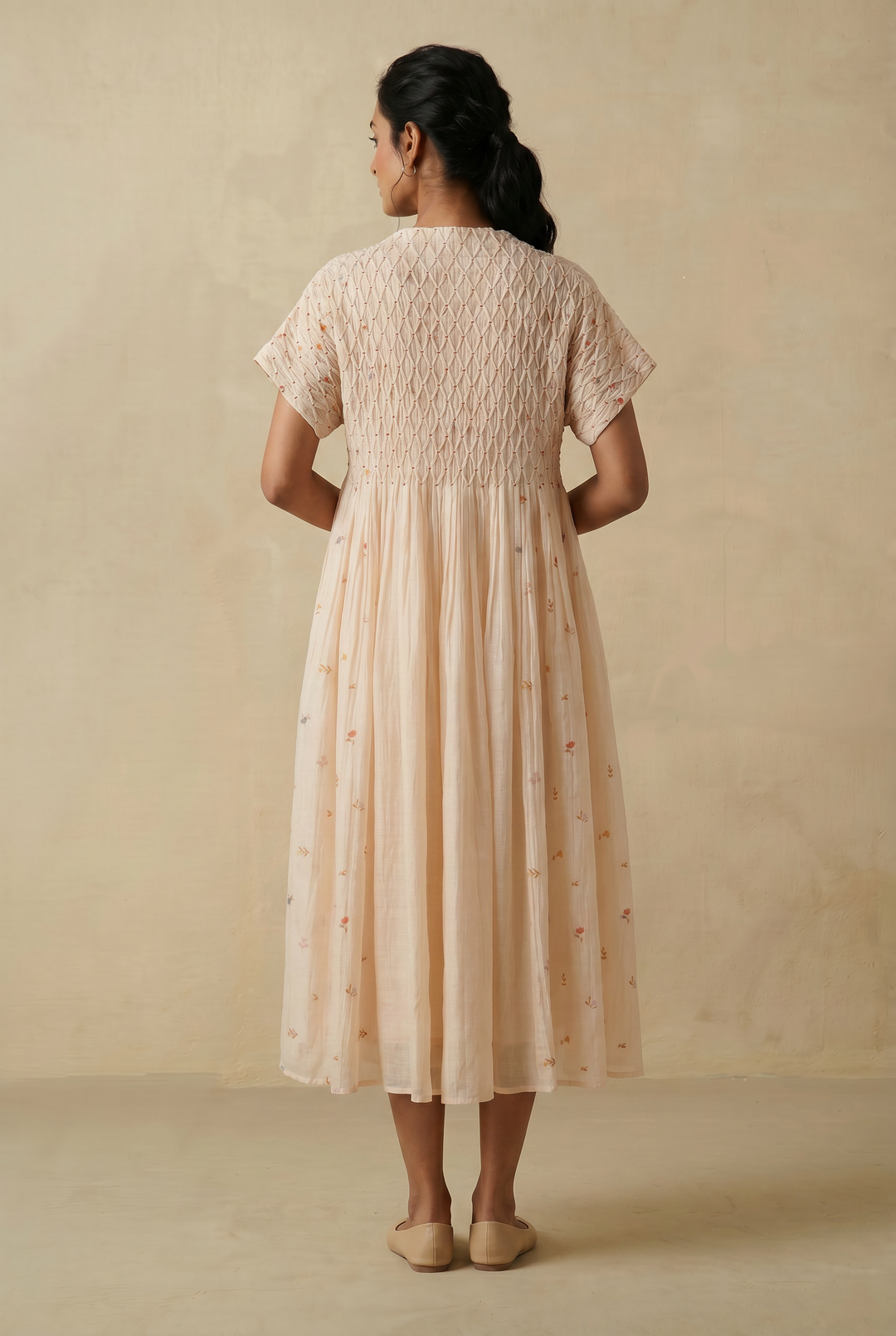 Cream Printed Chanderi Dress