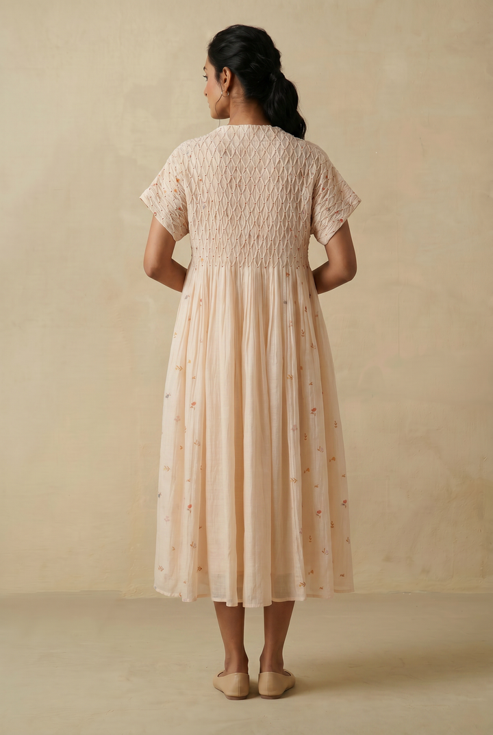 Cream Printed Chanderi Dress