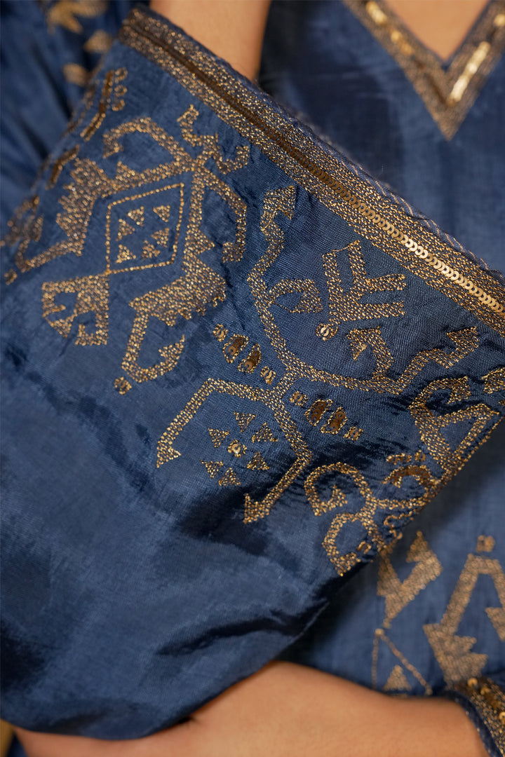Blue Hand Embroidered Silk Kurta with Pants and Organza Dupatta