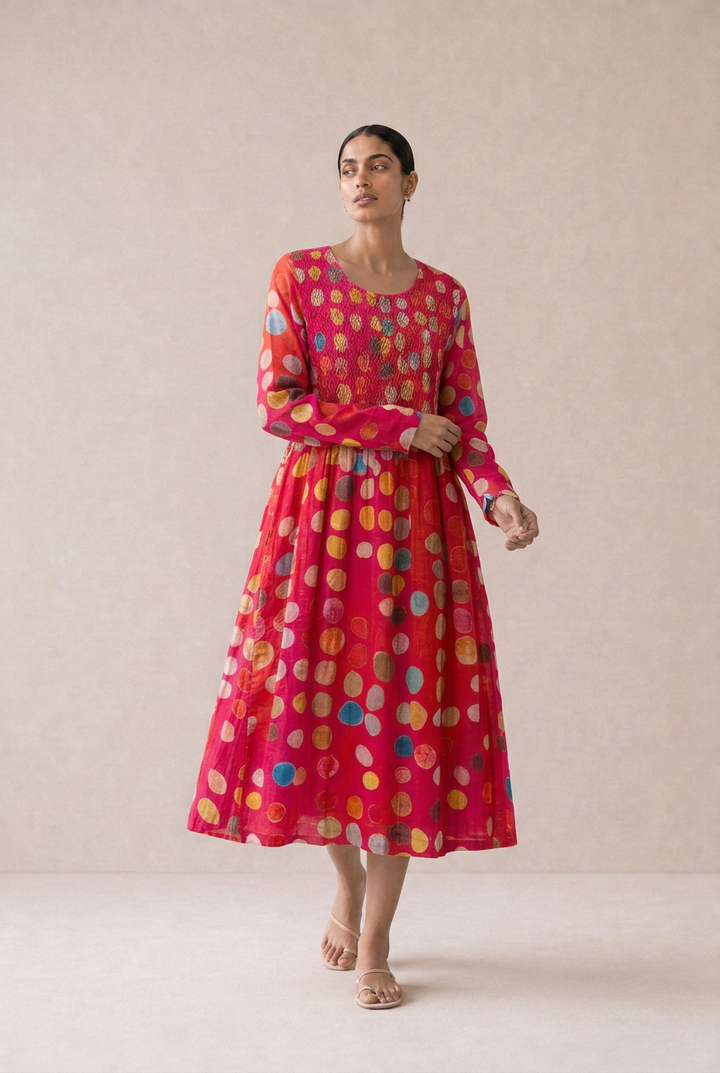 Pink Polka Chanderi Dress