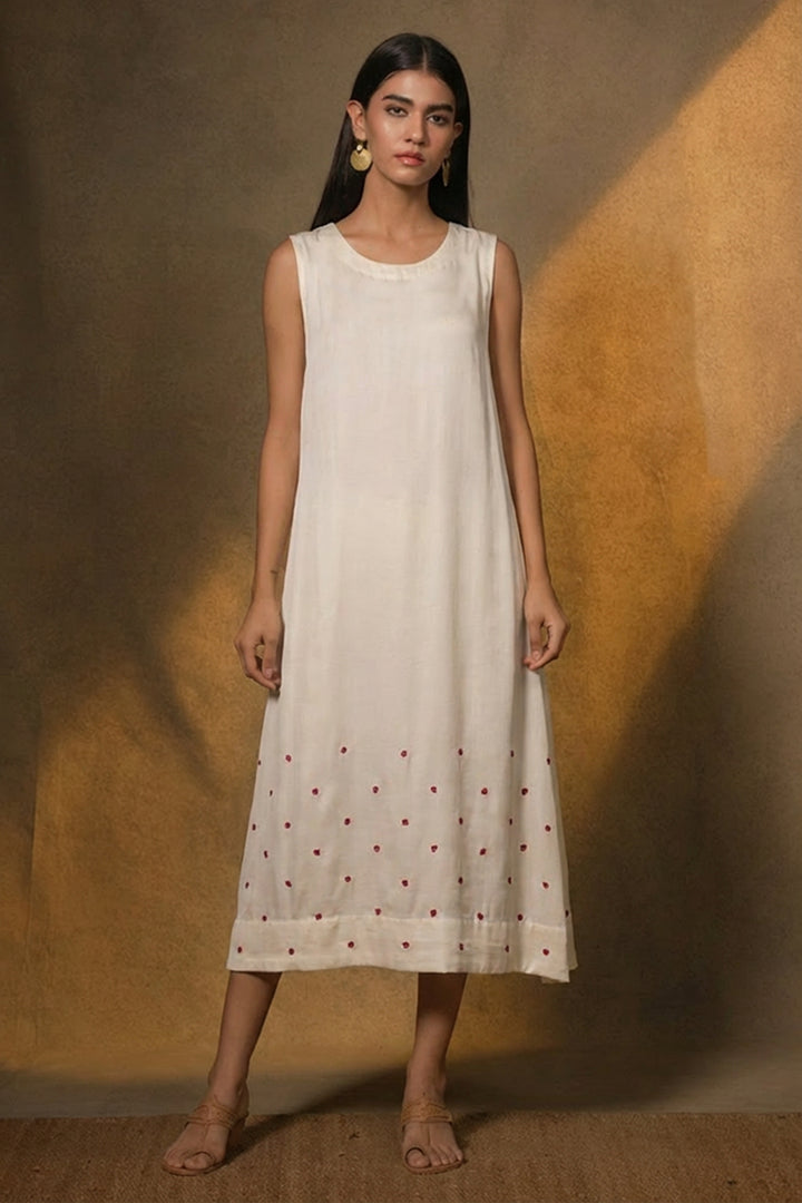 White Embellished Satin Sleeveless Midi Dress
