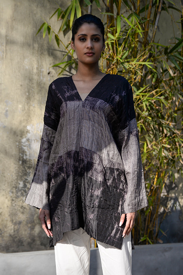 Pure Silk Shibori Dyed Tunic with Stitch Detailing