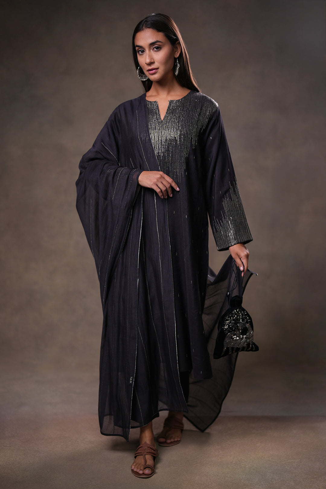Black Hand Embroidered Silk Kurta with Pants and Dupatta