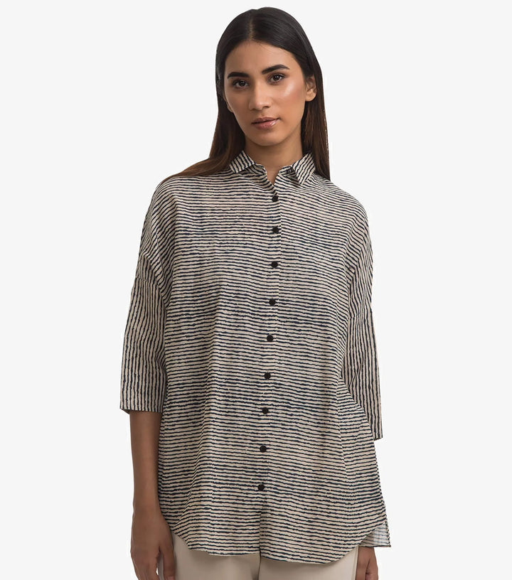 Beige blue striped khadi shirt