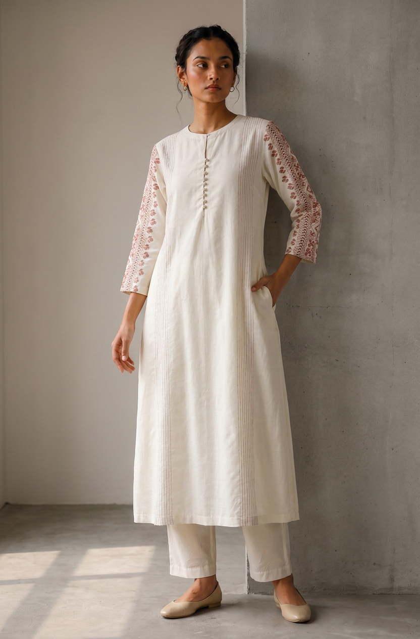 Off White & Peach Embroidered Cotton Silk Kurta Set