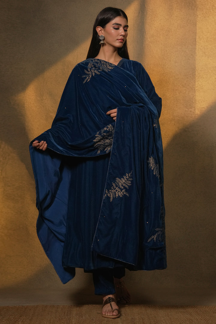 Turquoise Hand Embroidered Velvet Dupatta