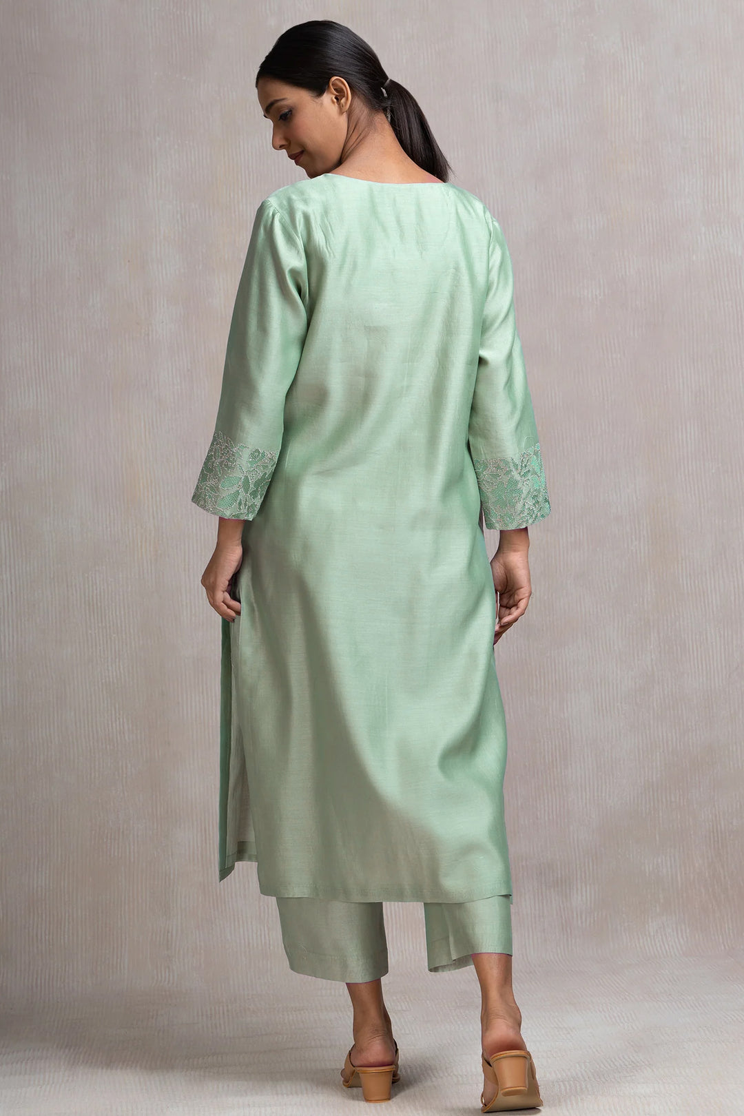Mint Thread & Zari Embroidered Kurta Set with Pants & Dupatta