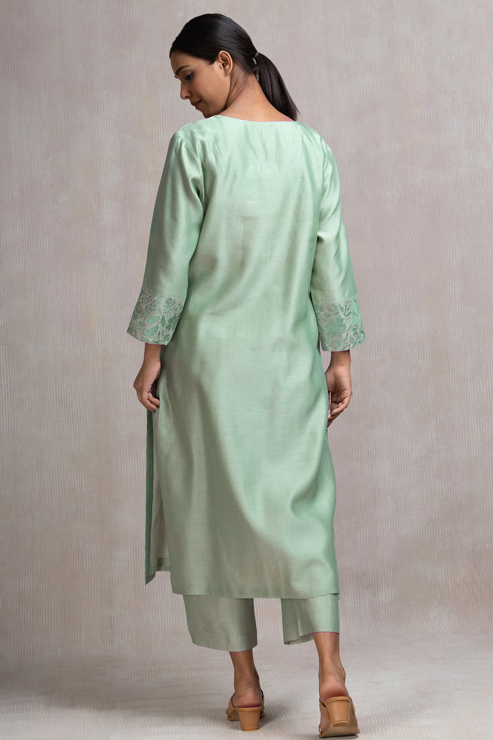 Mint Thread & Zari Embroidered Kurta Set with Pants & Dupatta