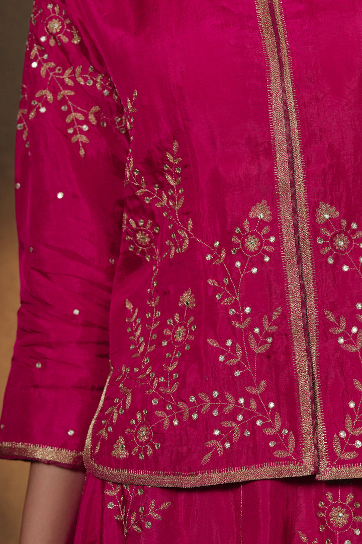 Pink Hand Embroidered Silk Lehenga with Kurti Blouse & Dupatta - Set of 3
