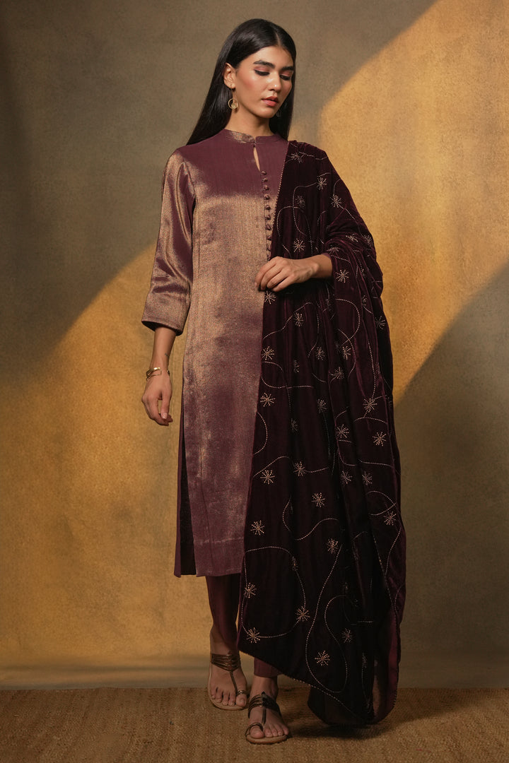 Plum Tissue Kurta with Pants and Velvet Dupatta