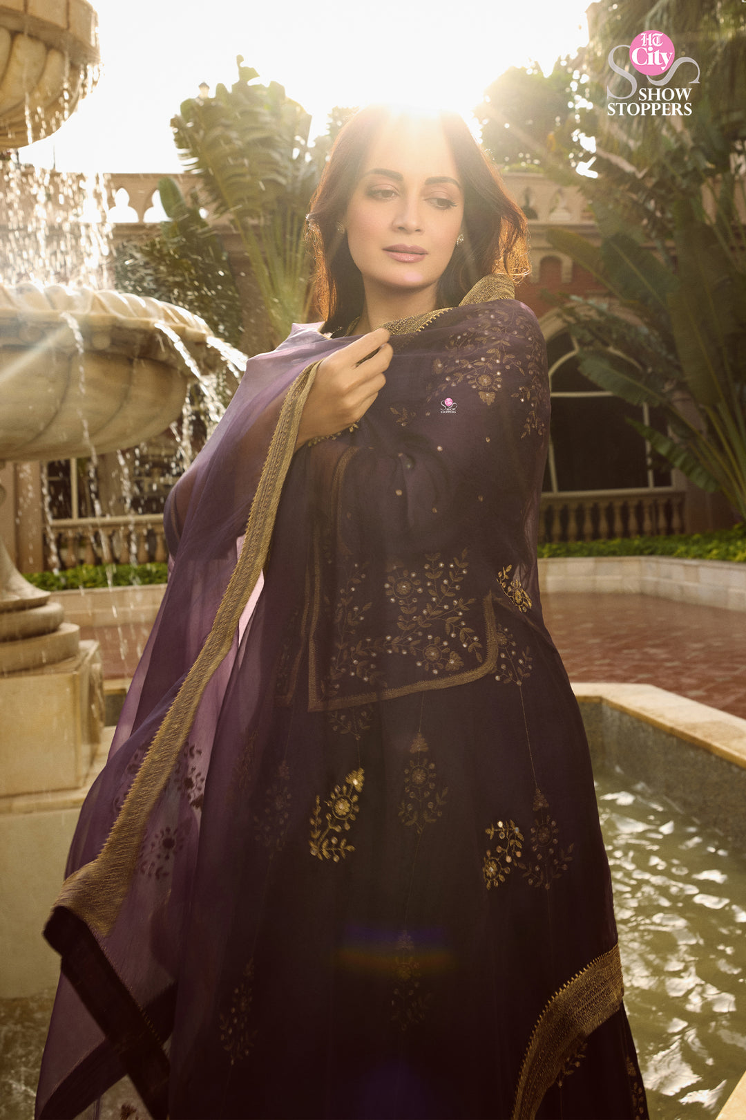 Dia Mirza in Purple Hand Embroidered Silk Lehenga Set with Kurti & Dupatta