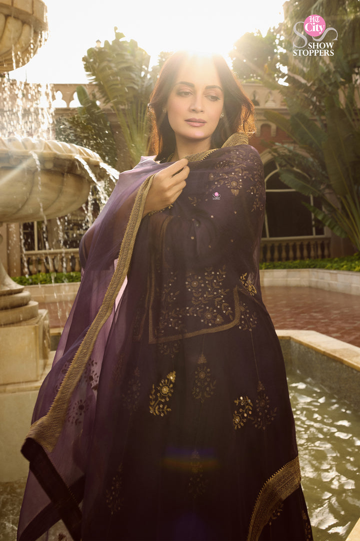 Dia Mirza in Purple Hand Embroidered Silk Lehenga Set with Kurti & Dupatta