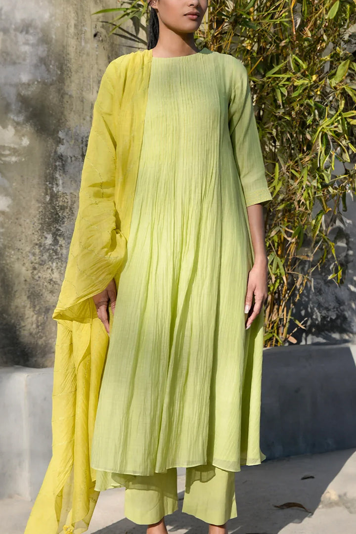 Lime Thread Embroidered Kurta Set with Dupatta