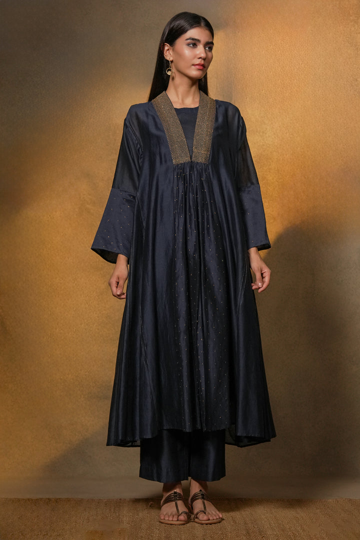 Navy Embroidered Chanderi Cape with Slip and Pants