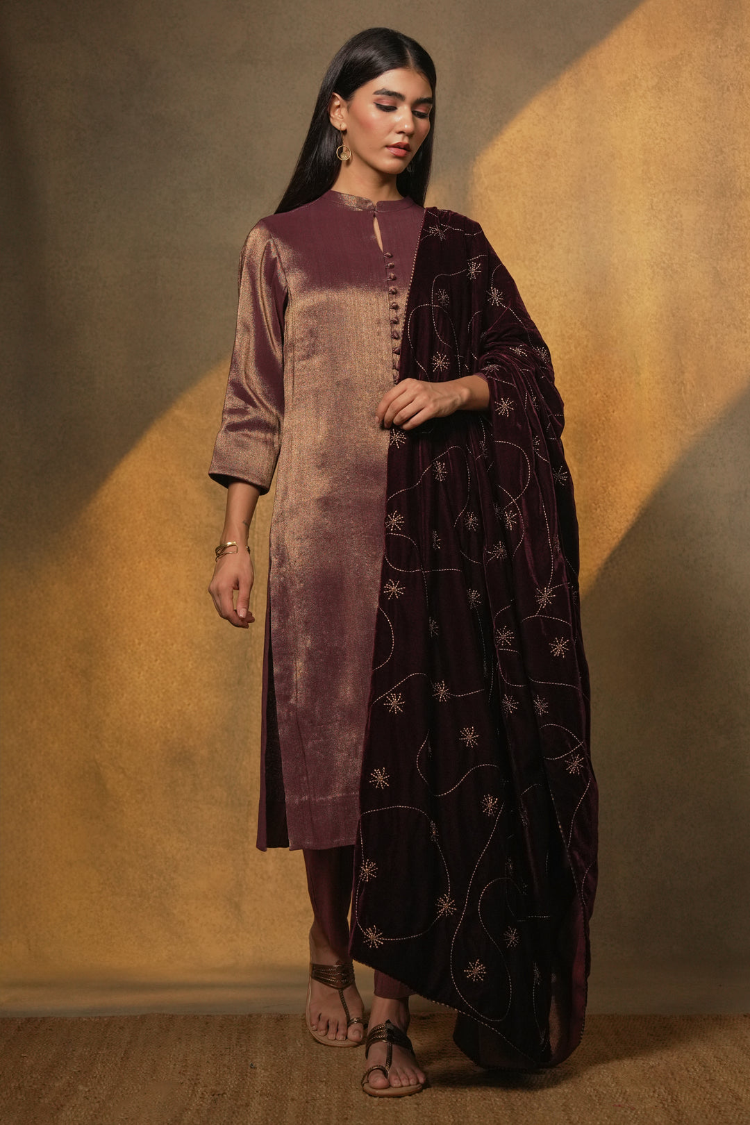 Plum Hand Embroidered Velvet Dupatta